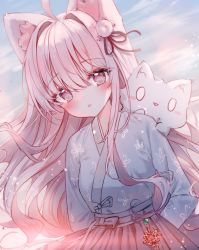 Rule 34 | 1girl, ahoge, animal, animal ear fluff, animal ears, arms behind back, blue sky, blush, breasts, cloud, commentary request, flower, fox, grey eyes, hair between eyes, hair flower, hair intakes, hair ornament, leaning forward, long hair, looking at viewer, original, parted lips, pink hair, sky, small breasts, solo, sun, tandohark, very long hair, white flower