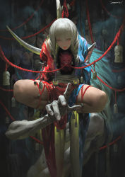 Rule 34 | 1girl, blush, braid, closed mouth, colored skin, demon, grey hair, highres, horns, japanese clothes, kimono, lips, long hair, looking at viewer, ogre, oni, oni horns, original, pointy ears, red skin, revealing clothes, single horn, twin braids, white hair, wizard, zeenchin
