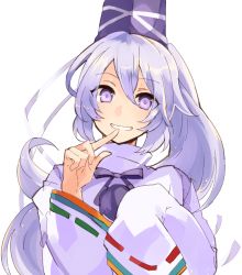 Rule 34 | 1girl, commentary request, hair between eyes, hat, long hair, long sleeves, looking at viewer, mononobe no futo, one-hour drawing challenge, pom pom (clothes), ponytail, purple eyes, purple hair, ribbon-trimmed sleeves, ribbon trim, smile, solo, tate eboshi, tori (10ri), touhou, upper body, white background