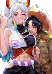 Rule 34 | 1boy, 1girl, abs, alternate costume, black hair, breasts, cowboy shot, freckles, hat, highres, horns, jewelry, large breasts, long hair, necklace, one eye closed, one piece, oni, oni horns, portgas d. ace, red eyes, rita ya, short hair, smile, vanilla, white hair, yamato (one piece)