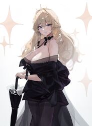 1girl absurdres alternate_costume black_bow black_bowtie black_dress blonde_hair blue_eyes bow bowtie breasts cleavage crown_(nikke) dress goddess_of_victory:_nikke highres holding holding_umbrella off_shoulder sloan_(shakabrah) smile solo umbrella white_background