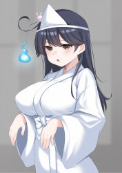 1girl absurdres ahoge black_hair breasts brown_eyes ghost_costume highres japanese_clothes jiangyou_dang kantai_collection kimono large_breasts long_hair shiroshouzoku solo triangular_headpiece ushio_(kancolle) wet_kimono white_kimono