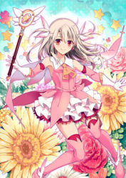Rule 34 | 1girl, armpits, black thighhighs, blonde hair, boots, detached sleeves, earrings, fate/grand order, fate/kaleid liner prisma illya, fate (series), flower, gloves, hair between eyes, holding, holding staff, illyasviel von einzbern, jewelry, kaleidostick, long hair, magical girl, magical ruby, one side up, prisma illya, red eyes, smile, solo, staff, sunflower, thigh boots, thighhighs, white footwear, white gloves