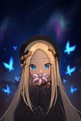 Rule 34 | 1girl, abigail williams (fate), aurora, black bow, black dress, black hat, blonde hair, blue eyes, bow, breasts, bug, butterfly, dress, fate/grand order, fate (series), flower, forehead, hair bow, hat, highres, insect, long hair, miya (miyaruta), multiple bows, night, night sky, orange bow, parted bangs, ribbed dress, sky, sleeves past fingers, sleeves past wrists, small breasts