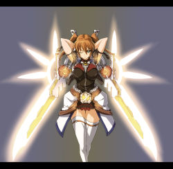 Rule 34 | 00s, 1girl, alternate weapon, arms up, breasts, brown hair, cross mirage, green eyes, impossible clothes, impossible shirt, letterboxed, lyrical nanoha, mahou shoujo lyrical nanoha, mahou shoujo lyrical nanoha strikers, nekomamire, one eye closed, shirt, solo, teana lanster, thighhighs, weapon, wink