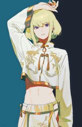 Rule 34 | 1boy, alternate costume, arm up, chinese clothes, green hair, highres, lio fotia, long sleeves, male focus, nail polish, navel, open mouth, outline, promare, purple eyes, simple background, solo, suemare1, tassel