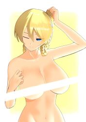 Rule 34 | 1girl, arm up, blonde hair, blue eyes, braid, breasts, censored nipples, closed eyes, closed mouth, commentary, completely nude, darjeeling (girls und panzer), girls und panzer, half-closed eye, large breasts, light censor, looking at viewer, medium hair, mochi (mochiokomet), navel, nude, solo, standing, twin braids, tying hair, upper body