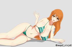 Rule 34 | 1girl, breasts, cleavage, highres, huge breasts, large breasts, long hair, nami (one piece), one piece, orange hair, smile, tattoo