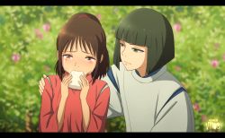 Rule 34 | 1boy, 1girl, artist name, blunt bangs, blurry, blurry background, blush, brown hair, child, crying, crying with eyes open, dated, derivative work, eating, food, green eyes, haku (sen to chihiro no kamikakushi), hands up, highres, japanese clothes, letterboxed, medium hair, ogino chihiro, onigiri, outdoors, screenshot redraw, sen to chihiro no kamikakushi, short hair, tears, verrell