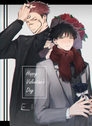 Rule 34 | 2boys, belt, black hair, black jacket, black pants, blush, bouquet, closed mouth, extra eyes, facial tattoo, flower, formal, fushiguro megumi, gift, green eyes, grey jacket, hair between eyes, hand on own head, happy valentine, height difference, highres, holding, holding bouquet, holding gift, jacket, jewelry, jujutsu kaisen, kamome (penguin n), long sleeves, looking at viewer, male focus, multiple boys, multiple rings, necktie, open clothes, pants, pink hair, red eyes, red flower, red rose, ring, rose, ryoumen sukuna (jujutsu kaisen), shirt, short hair, sideburns, spiked hair, suit, sweatdrop, tattoo, undercut, vest, white shirt, yaoi