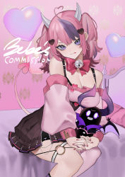 Rule 34 | 1girl, absurdres, ahoge, bare shoulders, bebe (bebe pp), black thighhighs, breasts, cleavage, commission, demon girl, demon horns, demon tail, garter straps, hair ornament, heart, highres, horns, ironmouse, ironmouse (1st costume), large breasts, long sleeves, looking at viewer, nail polish, pink hair, pink nails, purple eyes, skeb commission, skirt, smile, solo, tail, thigh strap, thighhighs, tongue, tongue out, virtual youtuber, vshojo