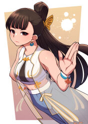 Rule 34 | 1girl, bracelet, capcom, chun-li, crop top, earrings, folded hair, hand on own hip, highres, jewelry, long hair, looking at viewer, midriff, official alternate costume, official alternate hairstyle, open hand, pants, see-through, solo, street fighter, street fighter 6, track pants, umenodo, vest