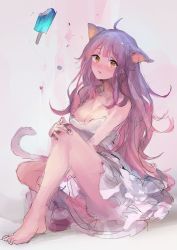 Rule 34 | 1girl, ahoge, animal ears, bare shoulders, barefoot, blush, breasts, cat ears, cat tail, cleavage, dress, floating, food, frills, hand on own knee, highres, ice cream, lm7 (op-center), long hair, looking at viewer, medium breasts, open mouth, original, pink hair, simple background, sitting, solo, tail, very long hair, yellow eyes
