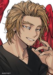 Rule 34 | 1boy, adam&#039;s apple, alternate hairstyle, artist name, black shirt, blonde hair, body markings, boku no hero academia, bracelet, collarbone, earrings, facial hair, feathered wings, feathers, fingers to cheek, goatee, half-closed eyes, hawks (boku no hero academia), jewelry, kadeart, male focus, medium hair, parted lips, portrait, red feathers, ring, seductive smile, shirt, simple background, smile, solo, stud earrings, teeth, white background, wings, yellow eyes