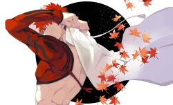 1boy autumn_leaves black_circle brown_eyes cape emiya_shirou fate/grand_order fate_(series) from_side highres holding holding_cape holding_unworn_clothes kamigokuin leaf male_focus nagatekkou orange_hair senji_muramasa_(fate) simple_background solo toned toned_male topless_male two-tone_background upper_body white_background white_cape