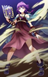 Rule 34 | 1girl, absurdres, aerokinesis, bare shoulders, blue cape, book, boots, bracer, breasts, cape, closed mouth, fire emblem, fire emblem: the sacred stones, full body, highres, holding, holding book, looking at viewer, low twintails, lute (fire emblem), magic, nintendo, open book, purple eyes, purple hair, sirano, small breasts, solo, standing, twintails, wind