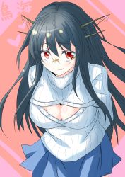 Rule 34 | 10s, 1girl, arms behind back, black hair, blue skirt, blush, breasts, choukai (kancolle), cleavage cutout, clothing cutout, cowboy shot, glasses, headgear, highres, kantai collection, large breasts, long hair, looking at viewer, meme attire, open-chest sweater, ototachibana rai, pleated skirt, red eyes, ribbed sweater, skirt, smile, solo, sweater, turtleneck