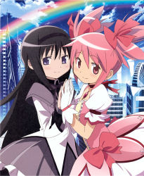 Rule 34 | 2girls, absurdres, akemi homura, artist request, black hair, black hairband, blush, bubble skirt, capelet, choker, city, cityscape, closed mouth, dot nose, dress, fingers together, frills, gloves, hair between eyes, hair ribbon, hairband, hands up, happy, highres, kaname madoka, light smile, long hair, long sleeves, looking at viewer, magical girl, mahou shoujo madoka magica, mahou shoujo madoka magica (anime), multiple girls, official art, pink dress, pink eyes, pink hair, pink neckwear, pleated skirt, purple eyes, rainbow, ribbon, short hair, short twintails, skirt, skyline, soul gem, tareme, twintails, upper body, white gloves