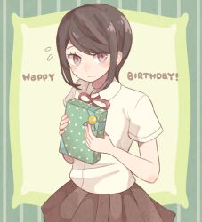 Rule 34 | 1girl, black hair, blush, bow, bowtie, box, brown skirt, christmas present, closed mouth, collared shirt, danganronpa: trigger happy havoc, danganronpa (series), ears, english text, exclamation mark, eyebrows, eyebrows hidden by hair, eyelashes, female focus, freckles, gift, green background, hands up, happy birthday, holding, holding box, holding present, ikusaba mukuro, looking at viewer, multicolored background, neck ribbon, pleated skirt, red bow, red eyes, red ribbon, ribbon, shirt, short hair, short sleeves, simple background, skirt, solo, striped, striped background, sweatdrop, white shirt, yellow background