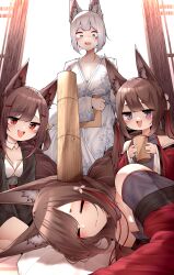 Rule 34 | 4girls, = =, absurdres, age difference, akagi-chan (azur lane), amagi-chan (azur lane), amagi (azur lane), animal ear fluff, animal ears, azur lane, bare shoulders, bell, brown hair, brown kimono, brown tail, choker, closed mouth, commentary, dual persona, fox ears, fox girl, hair ornament, highres, holding, japanese clothes, kaga (azur lane), kimono, long hair, looking at another, multiple girls, obi, object on head, open mouth, pillow, print kimono, purple shirt, red eyes, red kimono, samip, sash, shirt, short hair, sitting, sleeping, smile, standing, surprised, sweatdrop, tail, white hair, white kimono