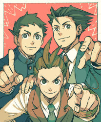 Rule 34 | 3boys, ace attorney, antenna hair, apollo justice, black hair, blue jacket, blue necktie, border, bracelet, brown hair, buttons, closed mouth, collared shirt, gakuran, hand on another&#039;s shoulder, hand on own hip, jacket, jewelry, lapel chain, lapel pin, lapels, long sleeves, male focus, multiple boys, necktie, outside border, phoenix wright, pointing, pointing at viewer, portrait, red background, red necktie, red vest, ryunosuke naruhodo, school uniform, shino (shino dgs), shirt, short hair, smile, spiked hair, very short hair, vest, white border, white shirt