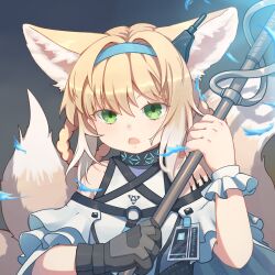 Rule 34 | 1girl, animal ears, arknights, bare shoulders, black collar, black gloves, blonde hair, blue hairband, braid, braided hair rings, chinese commentary, collar, colored tips, commentary, earpiece, fox ears, fox girl, fox tail, frilled sleeves, frills, gloves, green eyes, hairband, highres, holding, holding staff, infection monitor (arknights), looking at viewer, luchiluchi, material growth, multicolored hair, open mouth, oripathy lesion (arknights), short hair, short sleeves, single glove, single wrist cuff, solo, staff, suzuran (arknights), tail, twin braids, upper body, white hair, wrist cuffs
