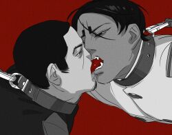 Rule 34 | 2boys, animal collar, chengongzi123, collar, dark-skinned male, dark skin, facial hair, fangs, french kiss, goatee stubble, golden kamuy, greyscale with colored background, highres, kiss, koito otonoshin, leash, looking at another, male focus, military uniform, multiple boys, open mouth, red background, short hair, simple background, stubble, tsukishima hajime, uniform, upper body, very short hair, yaoi