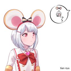 Rule 34 | 1girl, animal ears, bow, brooch, collared shirt, granblue fantasy, hair bow, hair ornament, hairclip, hand up, unworn headwear, heart, heart brooch, jewelry, long hair, long sleeves, mouse ears, red bow, red eyes, shirt, silver hair, simple background, sleeves past wrists, speech bubble, tian nya, vikala (granblue fantasy), white background, white shirt