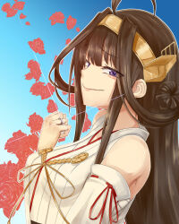 Rule 34 | 1girl, ahoge, bare shoulders, breasts, brown hair, detached sleeves, hair bun, hairband, headgear, highres, japanese clothes, jewelry, kantai collection, kongou (kancolle), long hair, looking at viewer, medium breasts, nontraditional miko, nyasaku, purple eyes, ring, smile, smirk, solo, wedding ring