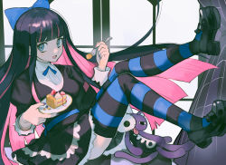 Rule 34 | 1girl, :d, alpaca carlesi, black dress, black footwear, black hair, black nails, blue bow, blue eyes, blunt bangs, bow, cake, cake slice, colored inner hair, dress, food, fork, full body, hair bow, holding, holding fork, holding plate, honekoneko (psg), legs up, long hair, long sleeves, multicolored hair, nail polish, open mouth, panty &amp; stocking with garterbelt, pink hair, plate, shoes, smile, solo, stocking (psg), strawberry shortcake, striped clothes, striped thighhighs, thighhighs, very long hair