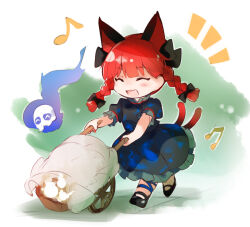 Rule 34 | 1girl, animal ears, black footwear, black ribbon, cat ears, cat tail, closed eyes, commentary request, dress, extra ears, fingernails, full body, green dress, hair ribbon, hitodama, kaenbyou rin, kutsuki kai, long fingernails, multiple tails, musical note, open mouth, red hair, red nails, ribbon, short sleeves, solo, tail, touhou, two tails, wheelbarrow