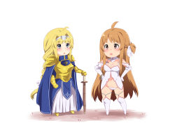 Rule 34 | 2girls, ahoge, alice zuberg, animankan, armor, asuna (sao), bare shoulders, blonde hair, blue eyes, blush, boots, braid, breasts, brown eyes, brown hair, cape, cleavage, crown braid, dot nose, facing viewer, female focus, full body, gauntlets, hair ornament, hands on own hips, highres, long hair, multiple girls, navel, open mouth, panties, shinai, shiny skin, shoulder armor, simple background, single braid, sword, sword art online, thigh boots, thighhighs, underwear, weapon, white background, white footwear