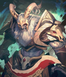 Rule 34 | 1boy, artist request, beard, card (medium), chaos online, facial hair, grin, horn ornament, horn ring, horns, male focus, official art, pointy ears, red eyes, satyr (chaos online), skull, smile, solo, weapon, white hair