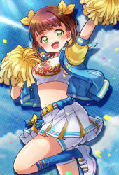 Rule 34 | 1girl, 81 (mellowry), :d, amami haruka, blue background, blue bow, blue jacket, blue socks, blush, bow, brown hair, cheering, cheerleader, commentary request, green eyes, hair ribbon, highres, idolmaster, idolmaster million live!, idolmaster million live! theater days, jacket, midriff, open mouth, pleated skirt, pom pom (cheerleading), ribbon, short hair, short sleeves, skirt, smile, socks, solo, standing, standing on one leg, white footwear, white skirt