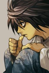 Rule 34 | 1boy, bags under eyes, biting, black eyes, black hair, blue pants, death note, denim, grey background, hungry clicker, jeans, l (death note), long sleeves, male focus, nail biting, pants, parted lips, profile, shirt, simple background, solo, white shirt
