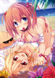 Rule 34 | 2girls, :d, beach, bell, bikini, bikini in mouth, blonde hair, blue eyes, blush, breast press, breasts, brown hair, chiri (atlanta), chiriko (atlanta), clothes in mouth, collar, day, fang, flower, girl on top, hair bell, hair bobbles, hair ornament, hibiscus, holding hands, looking at viewer, lying, mouth hold, multiple girls, nekojirou, on back, open mouth, original, polka dot, polka dot bikini, polka dot swimsuit, red eyes, ribbon, smile, sunglasses, swimsuit, symmetrical docking, ten&#039;inkou korin, twintails, white bikini
