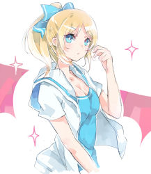 Rule 34 | 10s, 1girl, ayase eli, bad id, bad pixiv id, blonde hair, blue eyes, bow, breasts, captain yue, cleavage, duizhang, hair bow, large breasts, love live!, love live! school idol festival, love live! school idol project, open clothes, ponytail, sailor collar, short hair, sketch, solo, sparkle