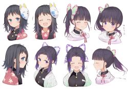 Rule 34 | 3girls, :d, ^ ^, absurdres, anger vein, black hair, black jacket, blue eyes, blunt bangs, blush, brown kimono, butterfly hair ornament, closed eyes, closed mouth, commentary request, cropped torso, facing viewer, floral print, fox mask, gradient hair, hair ornament, highres, jacket, japanese clothes, kimetsu no yaiba, kimono, kochou shinobu, long hair, looking at viewer, looking to the side, makomo (kimetsu no yaiba), mask, mask on head, multicolored hair, multiple girls, open mouth, print kimono, profile, purple eyes, purple hair, sashima, side ponytail, simple background, smile, translation request, tsuyuri kanao, upper body, white background