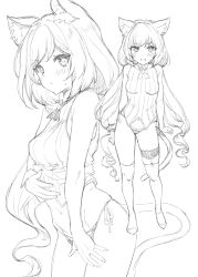 Rule 34 | 1girl, animal ear fluff, animal ears, blush, breasts, cat ears, cat tail, fang, greyscale, karyl (princess connect!), long hair, low twintails, monochrome, multiple views, mushi024, navel, no pants, over-kneehighs, panties, princess connect!, shirt, side-tie panties, sleeveless, sleeveless shirt, small breasts, standing, string panties, sweatdrop, tail, thighhighs, twintails, underwear, very long hair