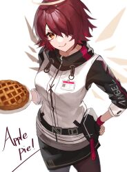 Rule 34 | 1girl, :q, apple pie, arknights, black gloves, black skirt, breasts, brown pantyhose, brown wings, closed mouth, commentary request, detached wings, english text, exusiai (arknights), fingerless gloves, food, gloves, goma 74umai, hair over one eye, halo, hand on own hip, highres, holding, holding plate, jacket, long sleeves, pantyhose, pie, plate, red eyes, red hair, short hair, simple background, skirt, small breasts, smile, solo, tongue, tongue out, white background, white jacket, wings