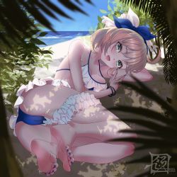 Rule 34 | 1girl, absurdres, barefoot, beach, blonde hair, blue eyes, feet, girls&#039; frontline, highres, light blush, looking at viewer, lying, m1911 (girls&#039; frontline), medium hair, on side, open mouth, palm tree, soles, swimsuit, toes, tree