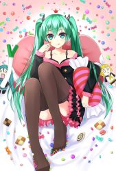 Rule 34 | 1girl, :q, aqua eyes, bad id, bad pixiv id, bra, candy, character doll, checkerboard cookie, cookie, food, garter straps, green hair, hatsune miku, highres, honey whip (module), kagamine rin, lollipop, long hair, looking at viewer, macaron, o o, project diva (series), project diva f, rko (a470350510), sitting, solo, spring onion, sweet devil (vocaloid), thighhighs, tongue, tongue out, twintails, underwear, very long hair, vocaloid