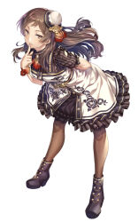 Rule 34 | 1girl, arm behind back, boots, breasts, brown hair, dress, finger to mouth, floral print, frilled dress, frills, full body, hat, high heel boots, high heels, highres, idolmaster, idolmaster million live!, kitazawa shiho, layered dress, leaning forward, long hair, looking at viewer, medium breasts, mini hat, nanaran, parted lips, rose print, short sleeves, simple background, solo, thighhighs, white background, yellow eyes