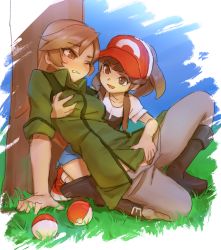 Rule 34 | 2girls, berg-yb, blue sky, brown eyes, brown hair, clenched teeth, coach trainer (pokemon), creatures (company), day, elaine (pokemon), female focus, fingering, game freak, grabbing, grabbing another&#039;s breast, grass, hat, multiple girls, nintendo, open fly, outdoors, poke ball, poke ball (basic), pokemon, pokemon lgpe, red hat, sitting, sky, teeth, tree, yuri