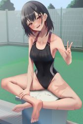 Rule 34 | 1girl, :d, absurdres, amane sora, bare legs, barefoot, black hair, black one-piece swimsuit, blush, breasts, colored inner hair, competition swimsuit, full body, hair behind ear, head tilt, highres, looking at viewer, medium breasts, medium hair, mole, mole on leg, mole under eye, multicolored hair, one-piece swimsuit, open mouth, original, outdoors, red eyes, red hair, sitting, smile, solo, swimsuit, v, wet