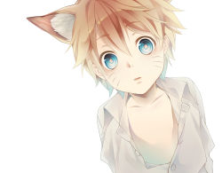 Rule 34 | 1boy, animal ears, backlighting, blonde hair, blue eyes, bright pupils, facial mark, fox ears, kemonomimi mode, looking at viewer, male focus, naruto, naruto (series), open clothes, open shirt, rabbit0214, shirt, simple background, solo, surprised, uzumaki naruto, whisker markings, white background