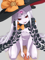 Rule 34 | 1girl, abigail williams (fate), abigail williams (third ascension) (fate), bare shoulders, black bow, black hat, blush, bow, breasts, censored, collarbone, colored skin, erection, fate/grand order, fate (series), forehead, glowing, glowing eye, grey background, hat, highres, keyhole, long hair, mikanbako, mosaic censoring, navel, open mouth, orange bow, parted bangs, penis, penis grab, polka dot, polka dot bow, red eyes, simple background, small breasts, smile, solo focus, thighs, third eye, very long hair, white hair, white skin, witch hat