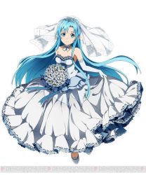 Rule 34 | 10s, 1girl, asuna (sao), asuna (sao-alo), blue eyes, blue hair, bouquet, breasts, bridal veil, cleavage, collarbone, diadem, dress, elbow gloves, flower, full body, gloves, library, long hair, matching hair/eyes, pointy ears, see-through, simple background, small breasts, smile, solo, strapless, strapless dress, sword art online, sword art online: code register, veil, very long hair, voile, watermark, wedding dress, white background, white gloves