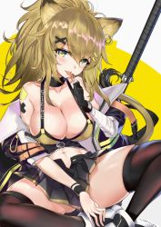Rule 34 | 1girl, :p, animal ears, arknights, bandaged arm, bandages, bare shoulders, black choker, black gloves, black jacket, black nails, black skirt, black thighhighs, blonde hair, blush, breasts, candy, character name, choker, cleavage, clothes writing, collarbone, commentary request, earrings, food, gloves, gluteal fold, hair between eyes, hair ornament, hairclip, hand up, head tilt, highres, holding, holding food, indian style, jacket, jewelry, large breasts, lion ears, lion tail, lollipop, long hair, looking at viewer, miniskirt, nail polish, navel, off shoulder, open clothes, open jacket, partial commentary, pleated skirt, ponytail, siege (arknights), sitting, skindentation, skirt, smile, solo, srpzk, tail, thighhighs, thighs, tongue, tongue out, weapon, wristband, x hair ornament, yellow eyes