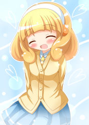 Rule 34 | 10s, 1girl, blonde hair, blush, closed eyes, hairband, highres, kise yayoi, open mouth, precure, short hair, skirt, smile, smile precure!, solo, white hairband, xenon (for achieve)
